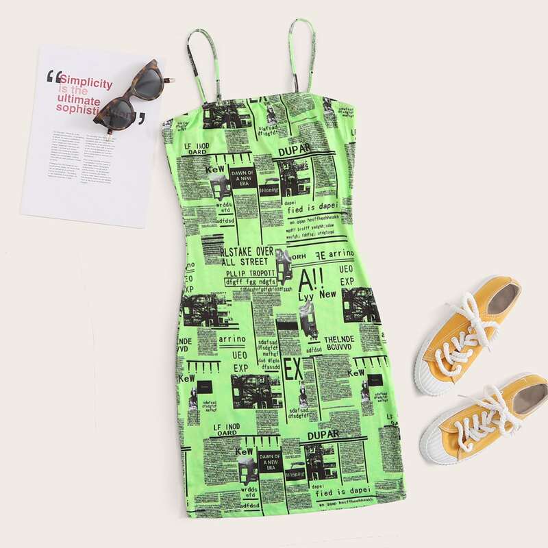 

Newspaper Print Bodycon Cami Dress, Green