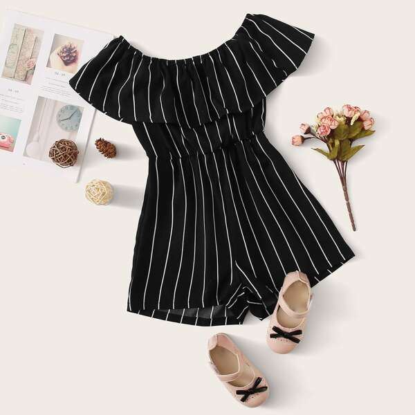 

Girls Flounce Off Shoulder Striped Romper, Black