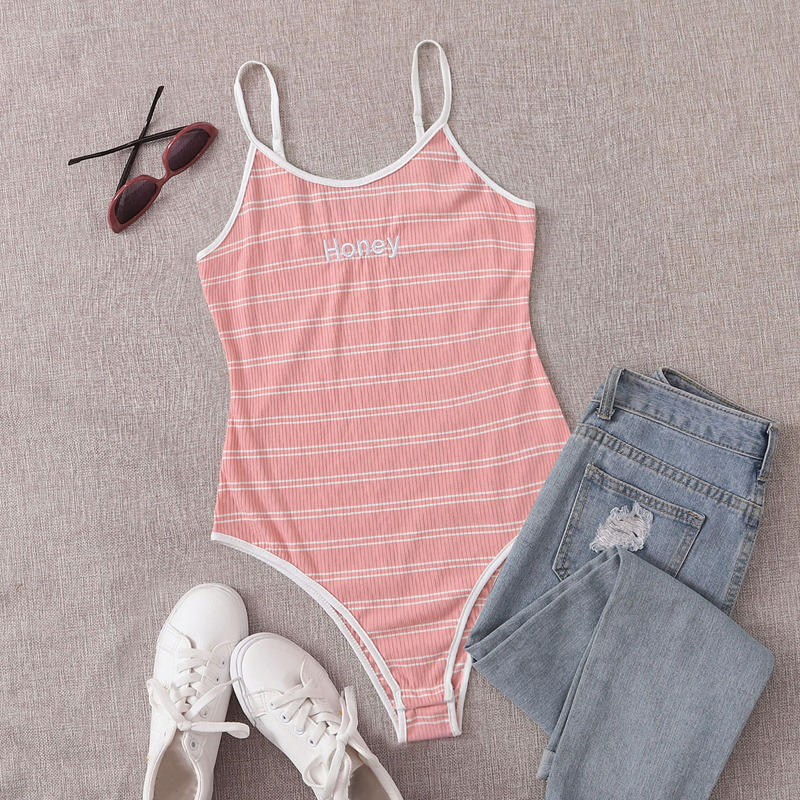 

Honey Embroidery Striped Cami Bodysuit, Pink
