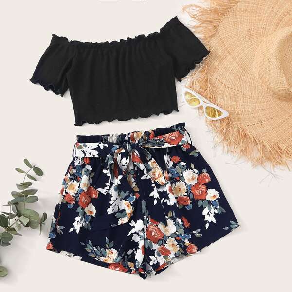 

Lettuce Trim Bardot Top & Paperbag Waist Belted Floral Shorts Set, Multicolor