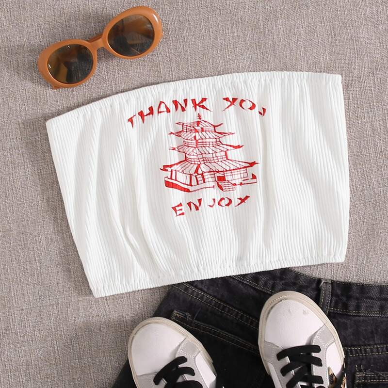 

Slogan Graphic Rib-knit Tube Top, White