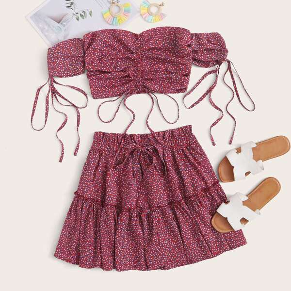 

Shirred Back Drawstring Allover Print Top & Paperbag Waist Skirt Set, Red