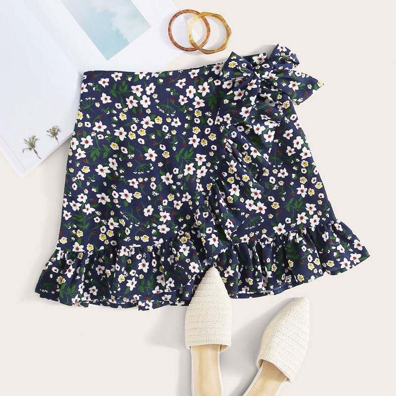 

Floral & Leaf Print Wrap Knotted Ruffle Skirt, Multicolor