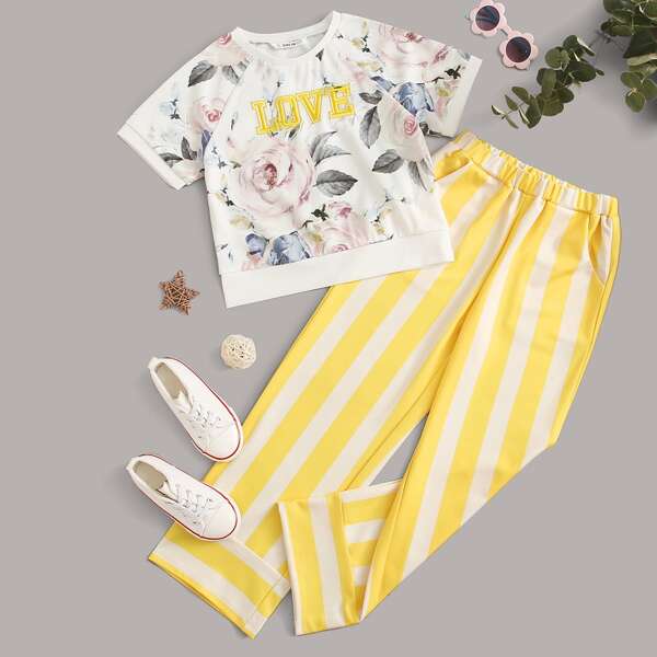 

Girls Letter Embroidered Floral Top & Striped Pants Set, Multicolor