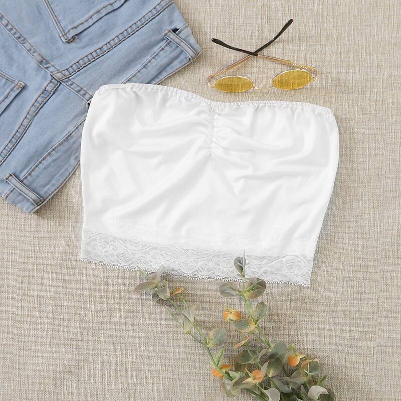 

Lace Hem Ruched Tube Top, White