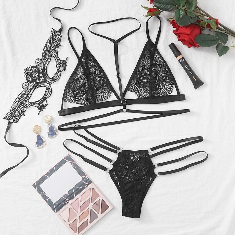 

Floral Lace Harness Lingerie Set With Eye Cover, Black
