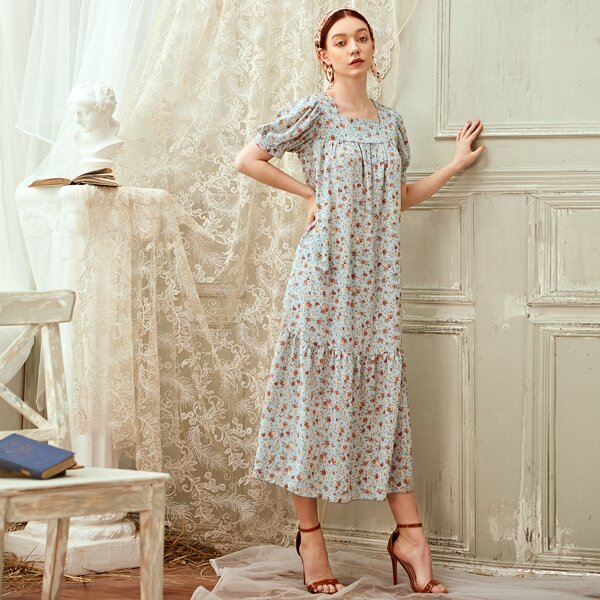 

Square Neck Allover Floral Print Dress, Blue