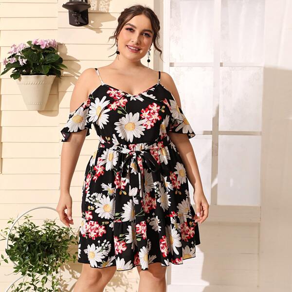

Plus Cold Shoulder Belted Ruffle Hem Floral Dress, Multicolor