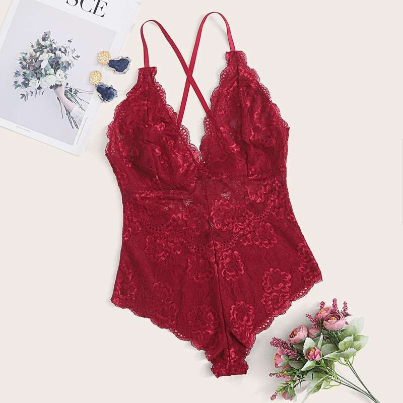 

Crisscross Floral Lace Teddy Bodysuit, Red