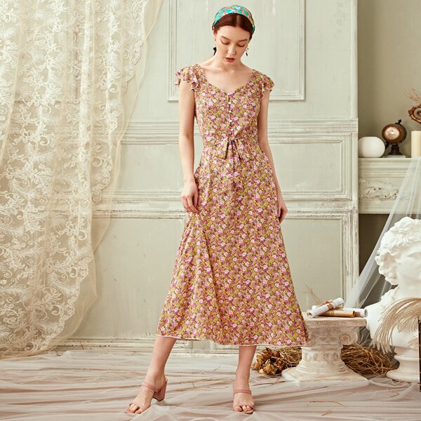 

Allover Floral Print Contrast Trim Belted Dress, Multicolor
