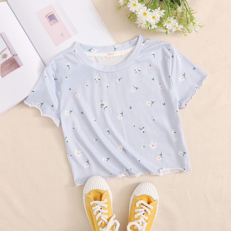 

Floral Lettuce Trim Tee, Blue pastel