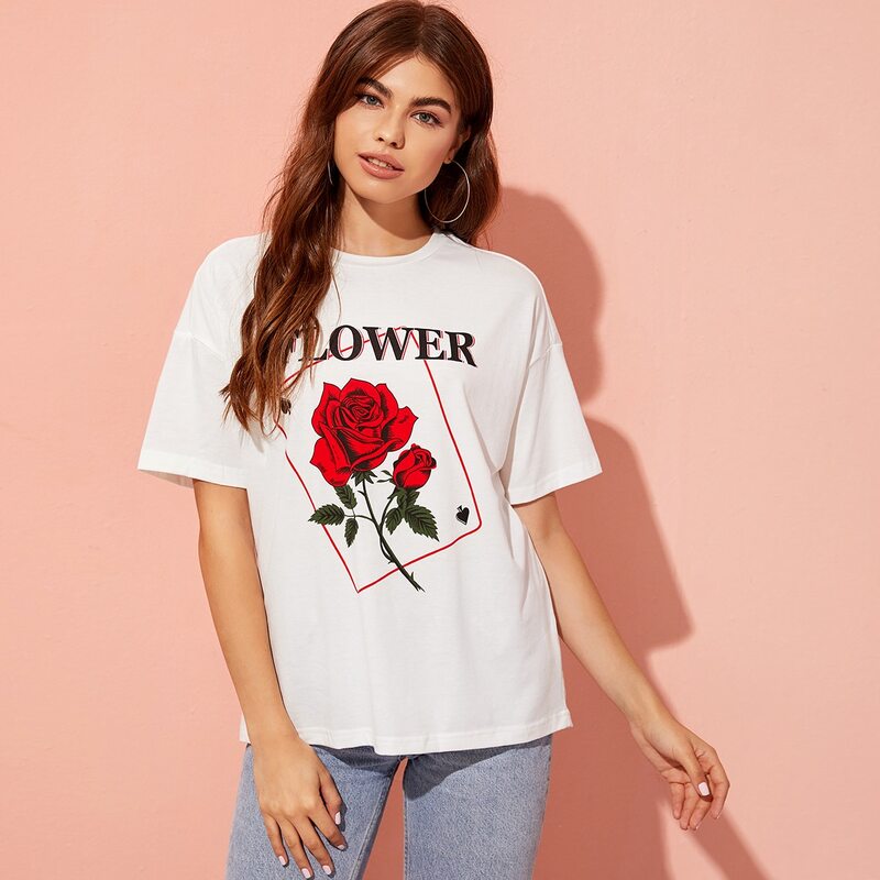 

Drop Shoulder Letter & Floral Print Tee, White