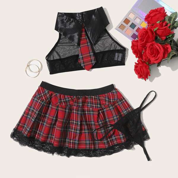 

Tartan Uniform Sexy Set With Thong, Multicolor