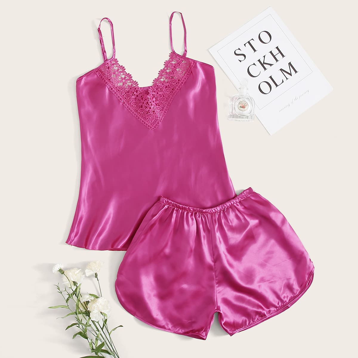 

Neon Pink Satin Cami Pajama Set, Pink bright