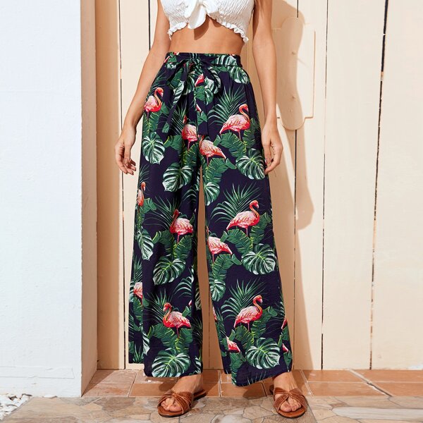 

Tropical Print Belted Wide Leg Pants, Multicolor