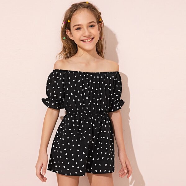 

Girls Heart Print Ruffle Cuff Off Shoulder Romper, Black
