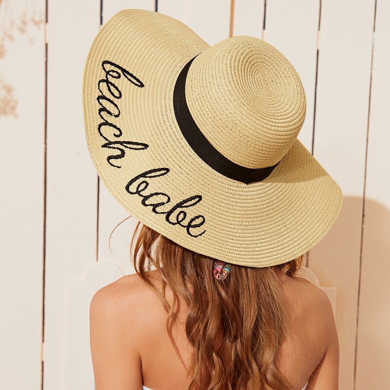 

Letter Embroidery Straw Hat, Beige