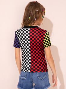 SHEIN Girls Checked Print Colorblock Tee - Multicolor - View 2