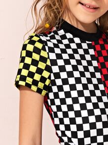 SHEIN Girls Checked Print Colorblock Tee - Multicolor - View 5