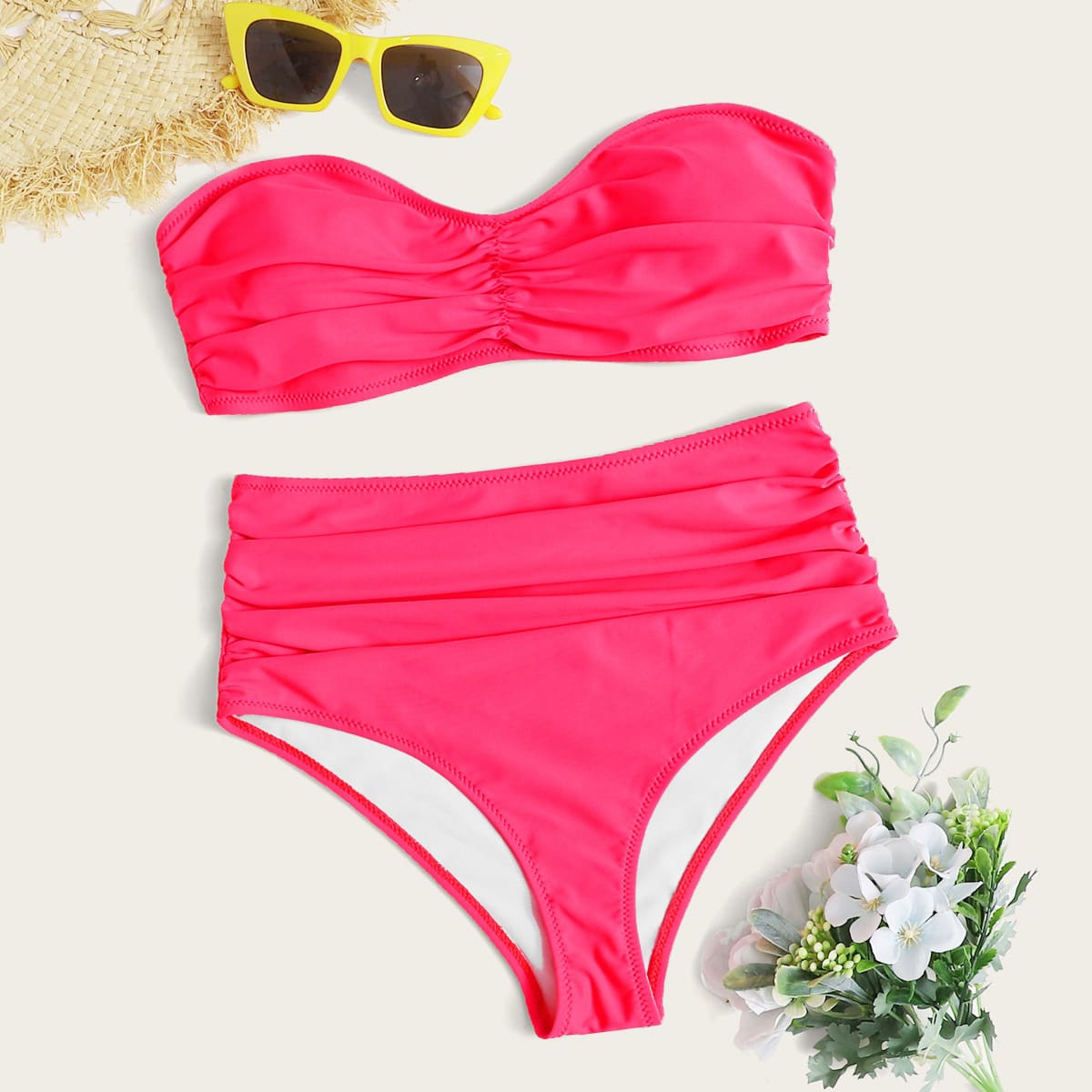

Ruched Bandeau High Waisted Bikini Swimsuit, Pink bright