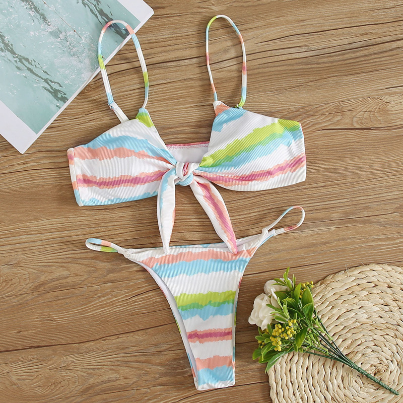 

Striped Tie Front Tanga Bikini Swimsuit, Multicolor