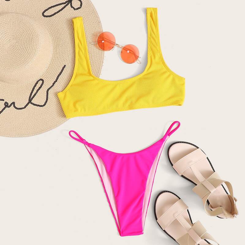 

Two Tone Tanga Bikini Swimsuit, Multicolor