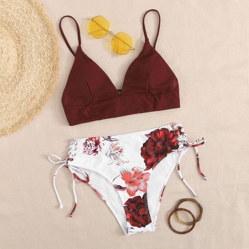

Floral Triangle Tie Side Bikini Swimsuit, Multicolor