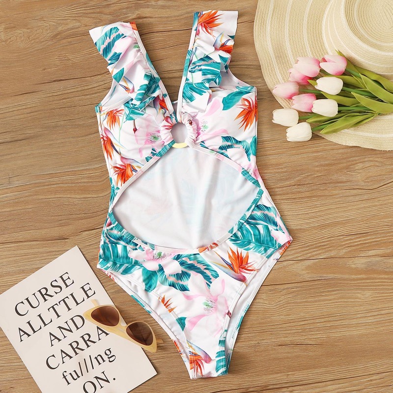 

Ring Linked Cutout Back Tropical One Piece Swimsuit, Multicolor