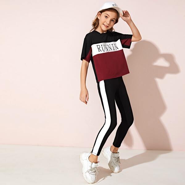 

Girls Letter Graphic Colorblock Tee & Contrast Sideseam Leggings Set, Multicolor