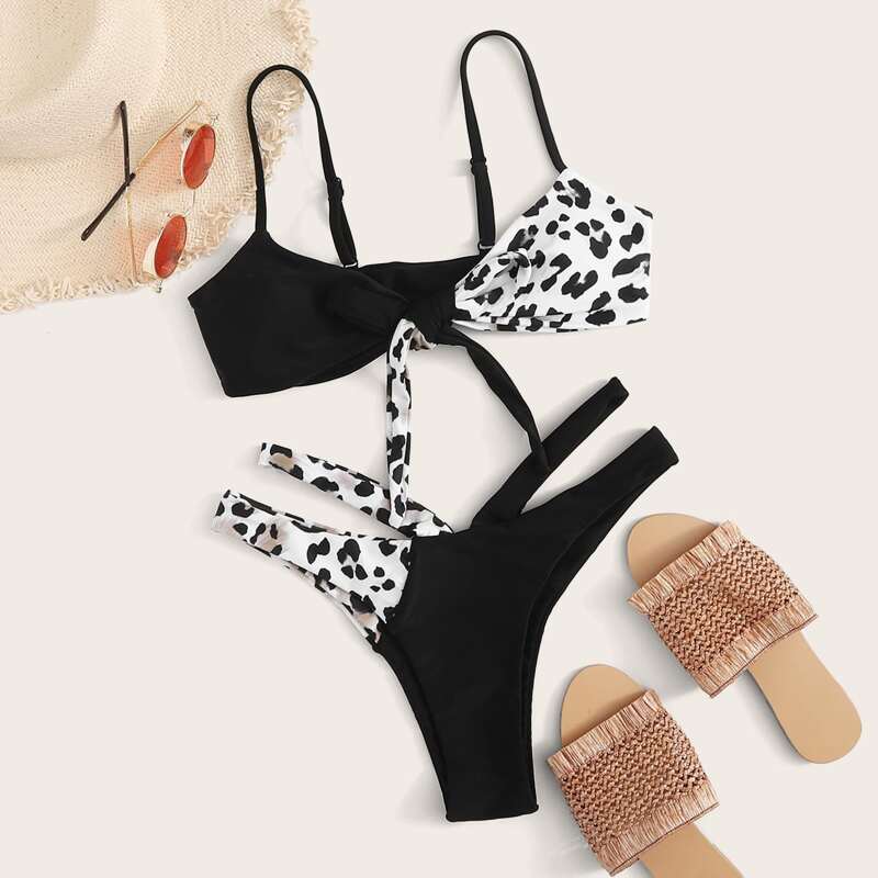 

Leopard High Leg Bikini Swimsuit, Black