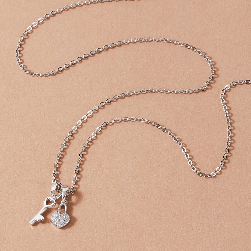 

1pc Key & Heart Chain Necklace, Silver