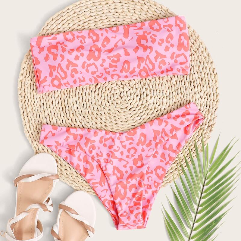

Leopard Bandeau Bikini Swimsuit, Pink