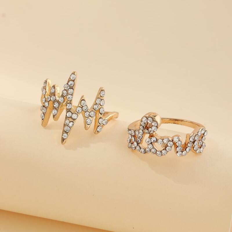 

2pcs Rhinestone Engraved Ring, Silver