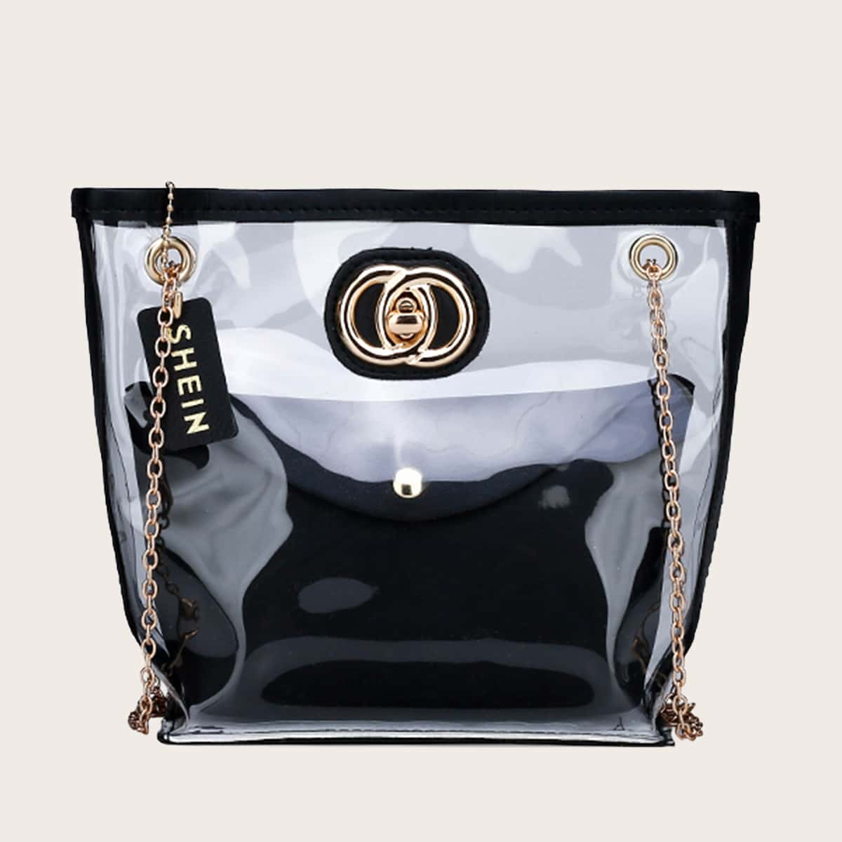 

Clear Chain Bag With Inner Pouch, Black