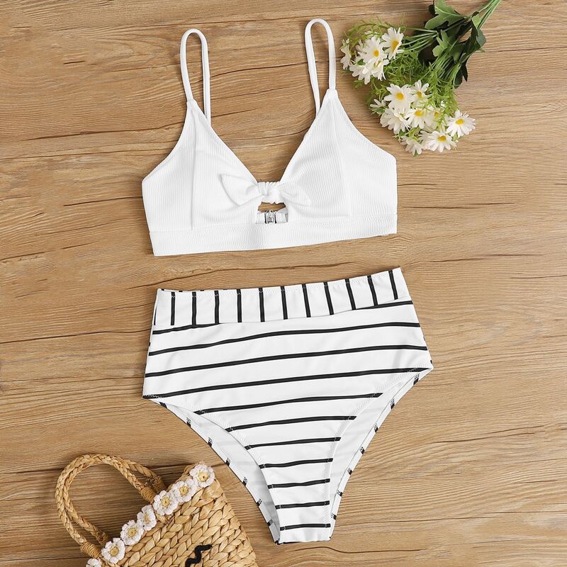 

Striped High Waist Bikini Swimsuit, Multicolor