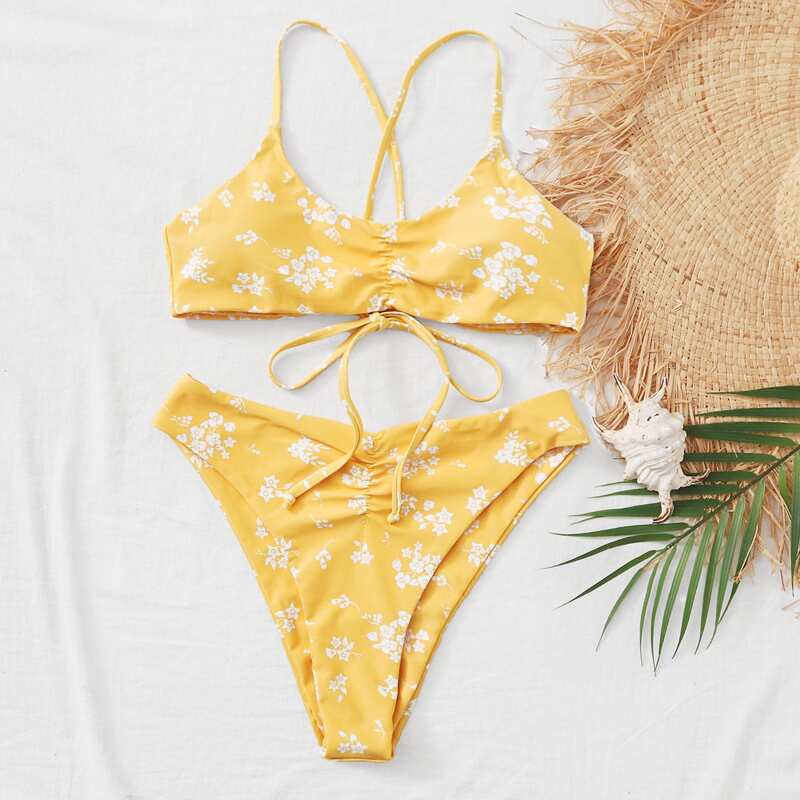 

Floral Ruched High Leg Bikini Swimsuit, Yellow