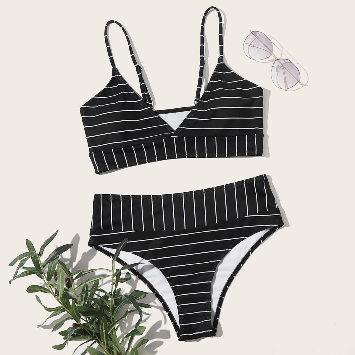 

Striped High Waist Bikini Swimsuit, Black
