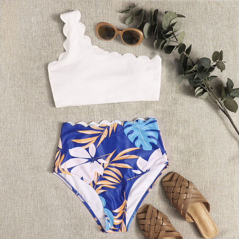 

Tropical Scallop Trim One Shoulder Bikini Swimsuit, Multicolor