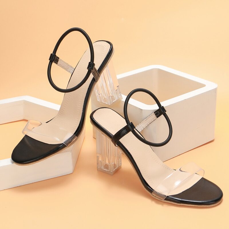 

Open Toe Ankle Strap Clear Chunky Heels, Black