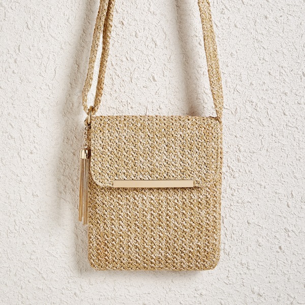 

Metal Tassel Charm Woven Crossbody Bag, Khaki