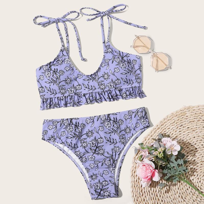 

Floral Frill Trim Bikini Swimsuit, Purple