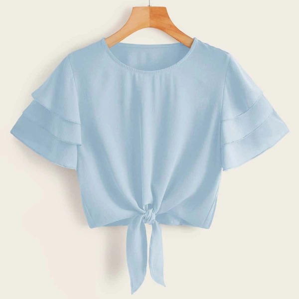

Plus Knot Front Layered Sleeve Crop Top, Blue
