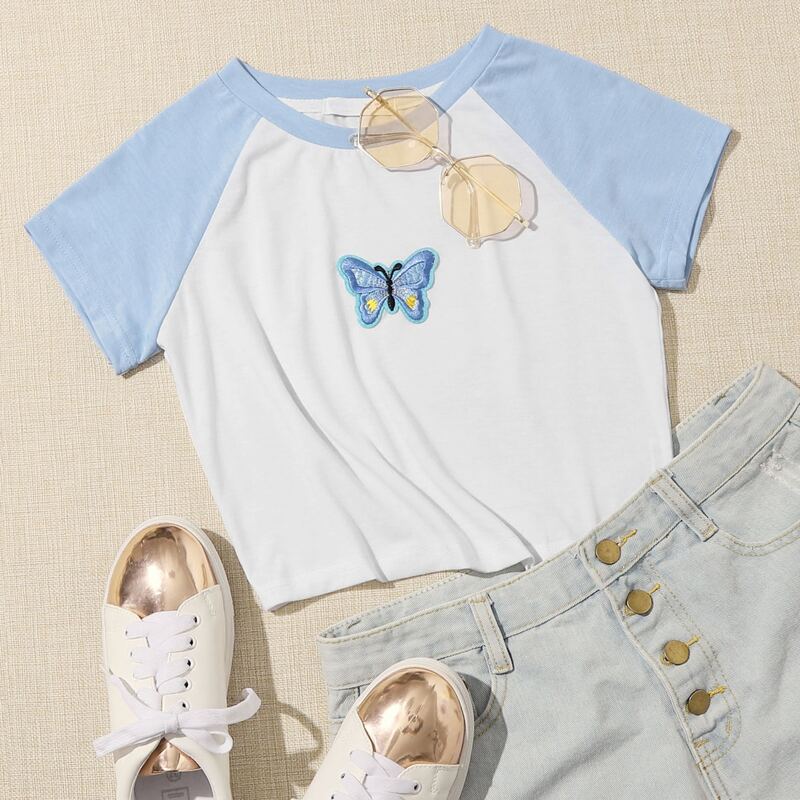 

Butterfly Embroidery Colorblock Crop Tee, White