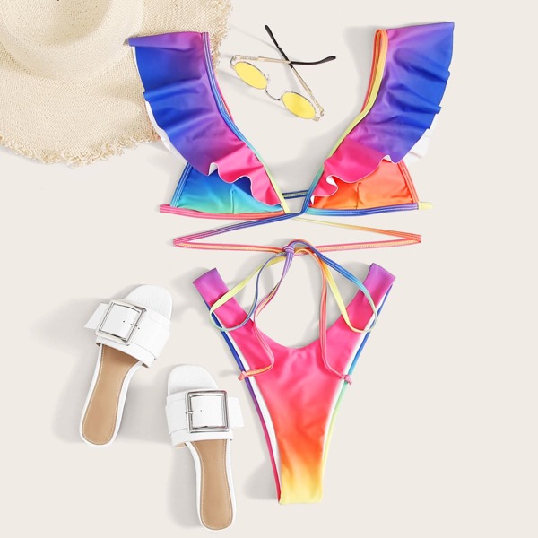 

Ombre Ruffle Triangle High Leg Bikini Swimsuit, Multicolor