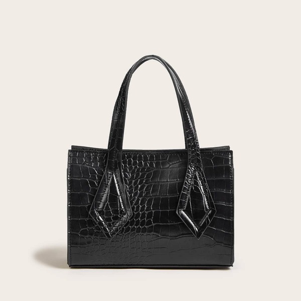 

Croc Embossed Satchel Bag, Black