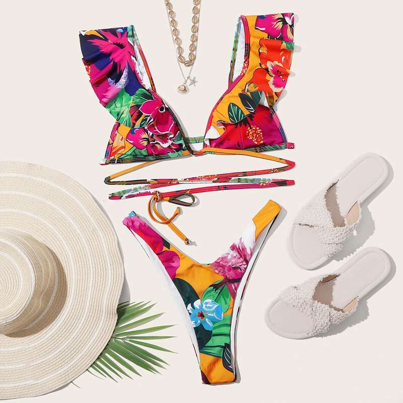

Floral Ruffle Triangle High Leg Bikini Swimsuit, Multicolor