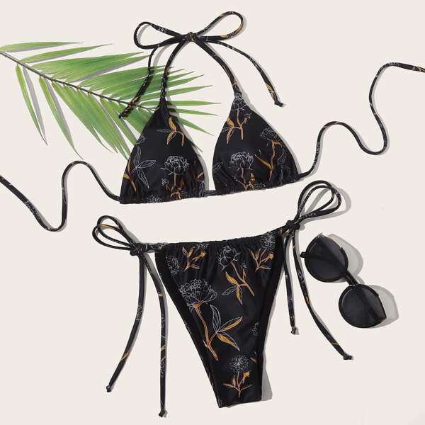 

Floral Triangle Tie Side Bikini Swimsuit, Black