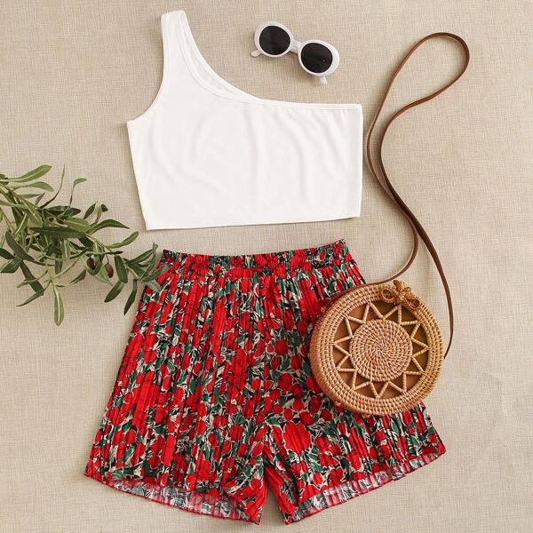 

Короткий топ на одно плечо и цветочные плиссированные шорты, Многоцветный