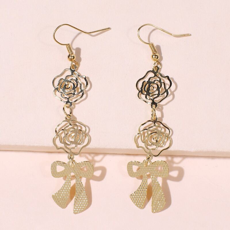 

1pair Floral & Bow Drop Earrings, Gold