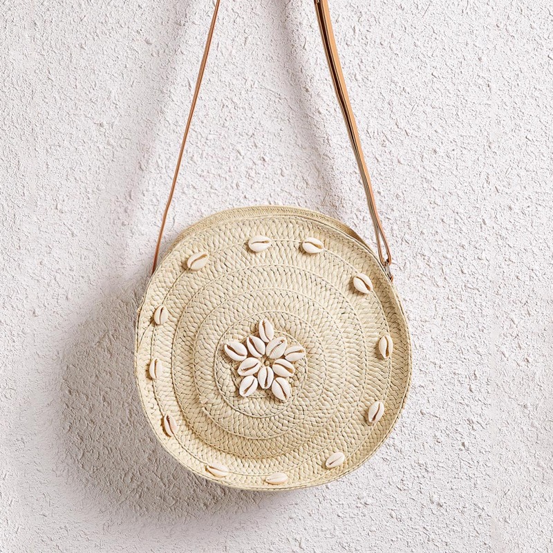 

Shell Decor Round Woven Crossbody Bag, Beige